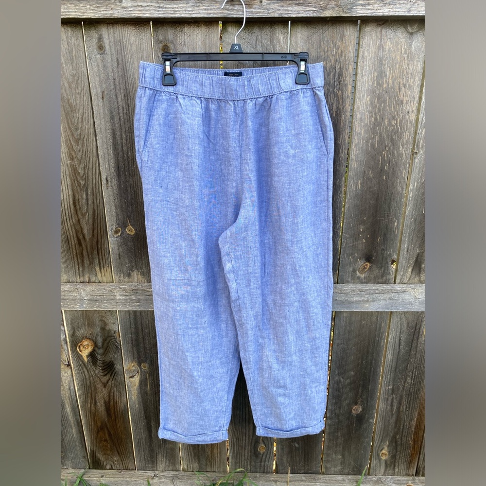 100% Linen RACHEL ROY Blue Womens Pants Size Large Cuffed Pull On Elastic Waist